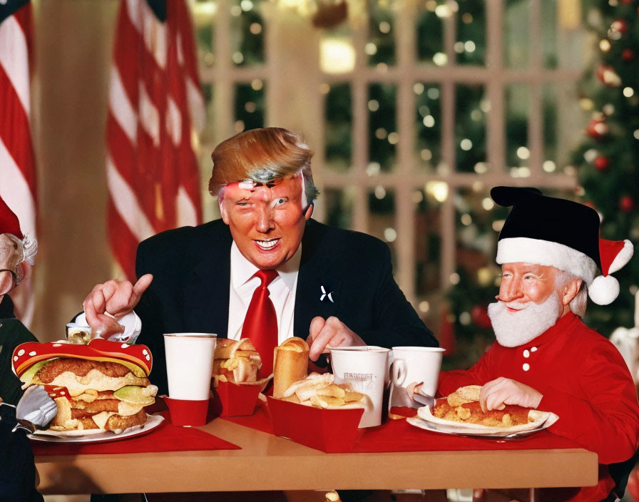 Man in festive tie laughs with Santa Claus over fast food meal amid Christmas decor