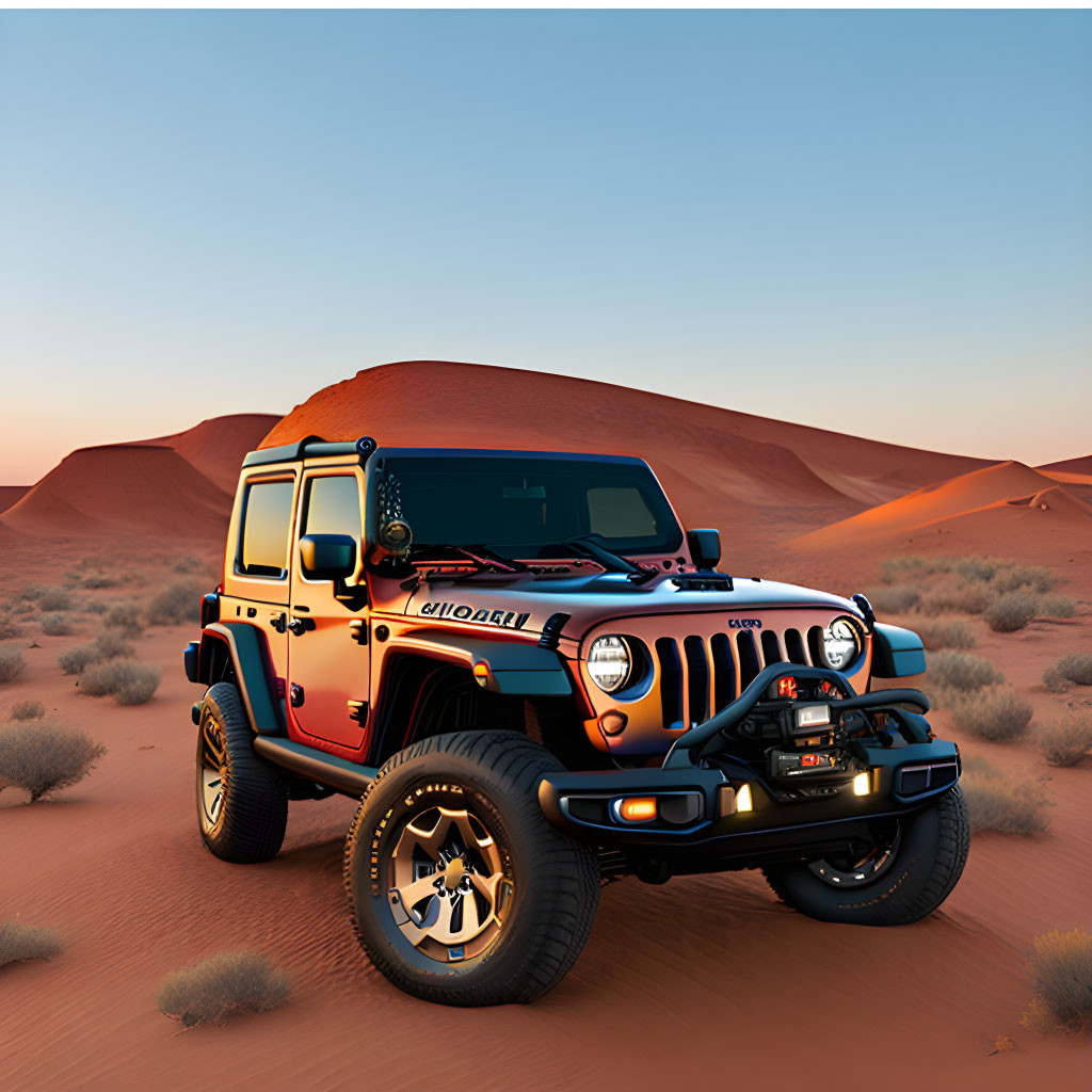 Customized Orange Jeep Wrangler on Desert Sand Dunes at Sunset