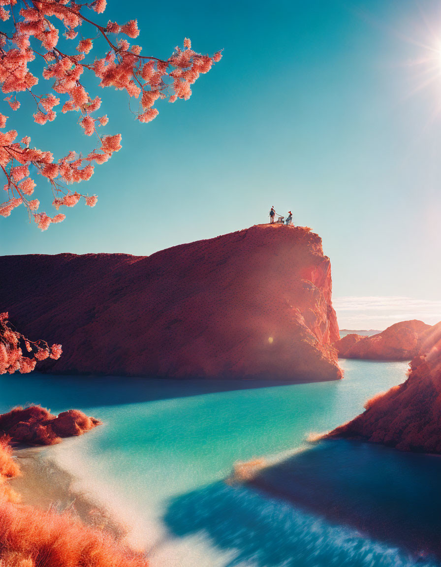 Scenic view: Two people on red cliff, teal lake, pink foliage, bright sun sky