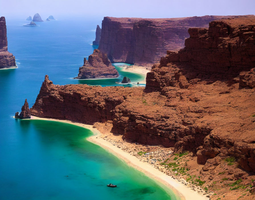 Majestic coastal scene with red cliffs, turquoise sea, sandy beach, boats, and distant rock