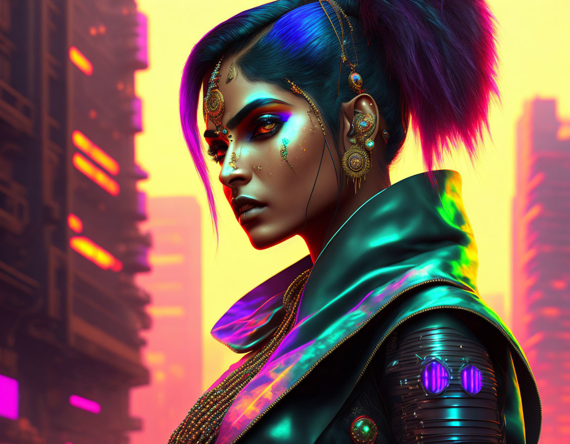 Blue-skinned woman with gold adornments in cyberpunk cityscape.