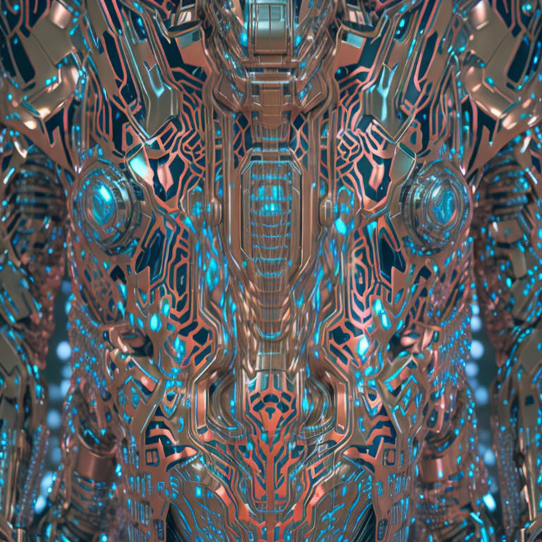 Symmetrical cybernetic structure with glowing blue and orange lines