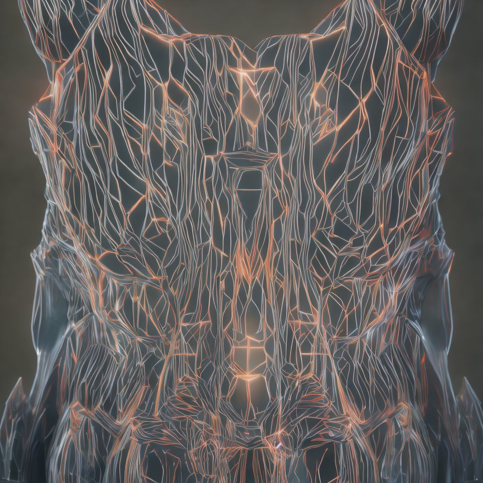 Symmetrical glowing lines form abstract bear face pattern