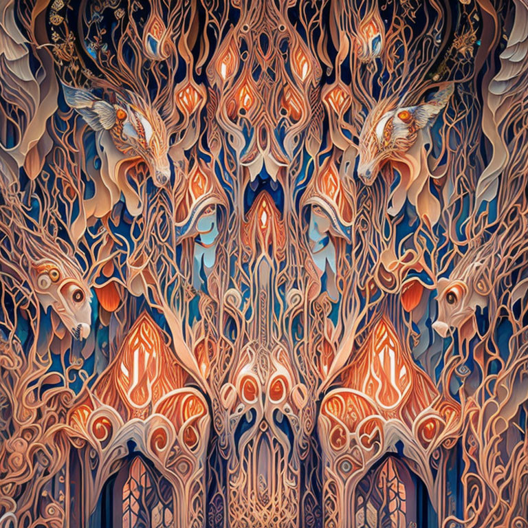 Symmetrical organic artwork with tree, peacock, and owl motifs