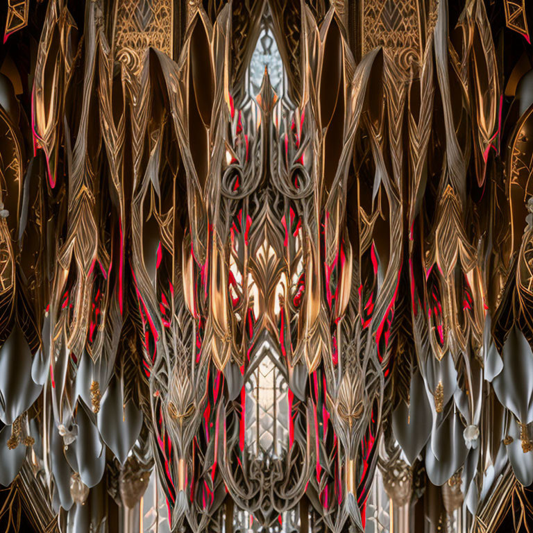 Golden symmetrical patterns with red accents on ornate ceiling, reflecting traditional design.