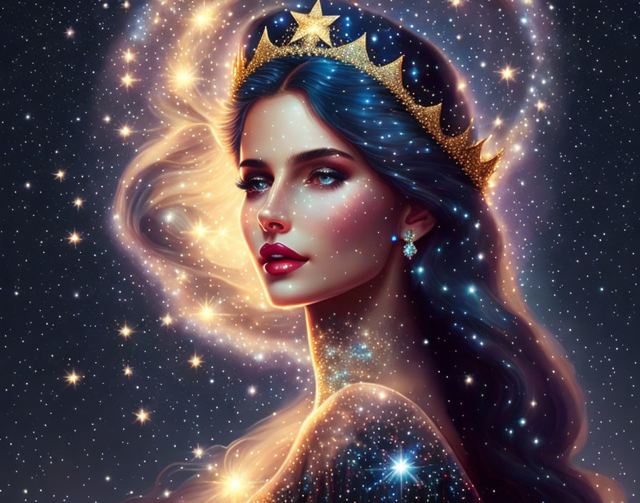 Illustrated woman with crown in cosmic galaxy backdrop with flowing hair.