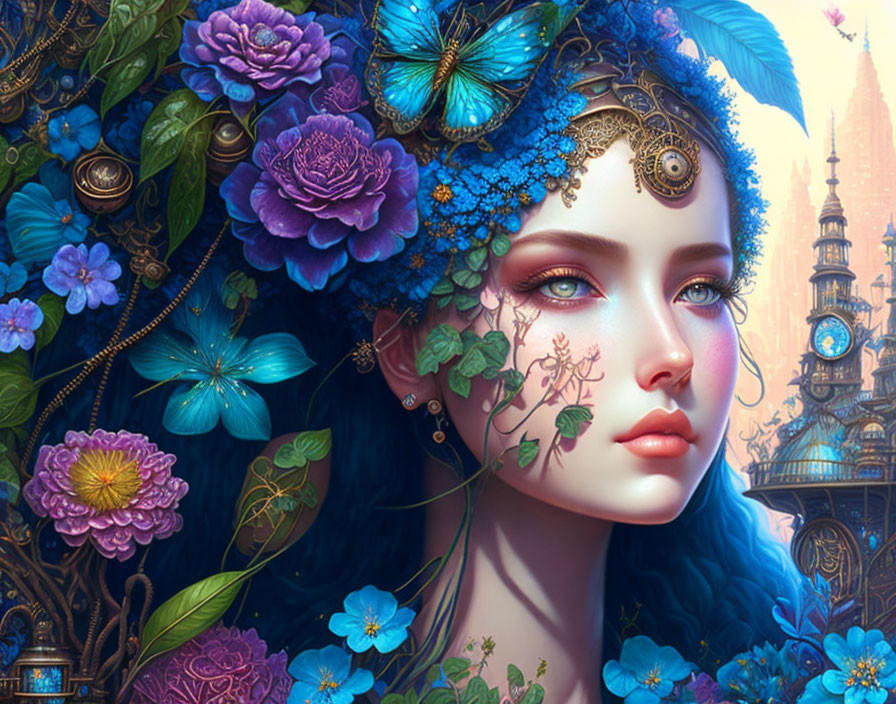 Fantasy digital art: Female figure with mechanical and nature fusion