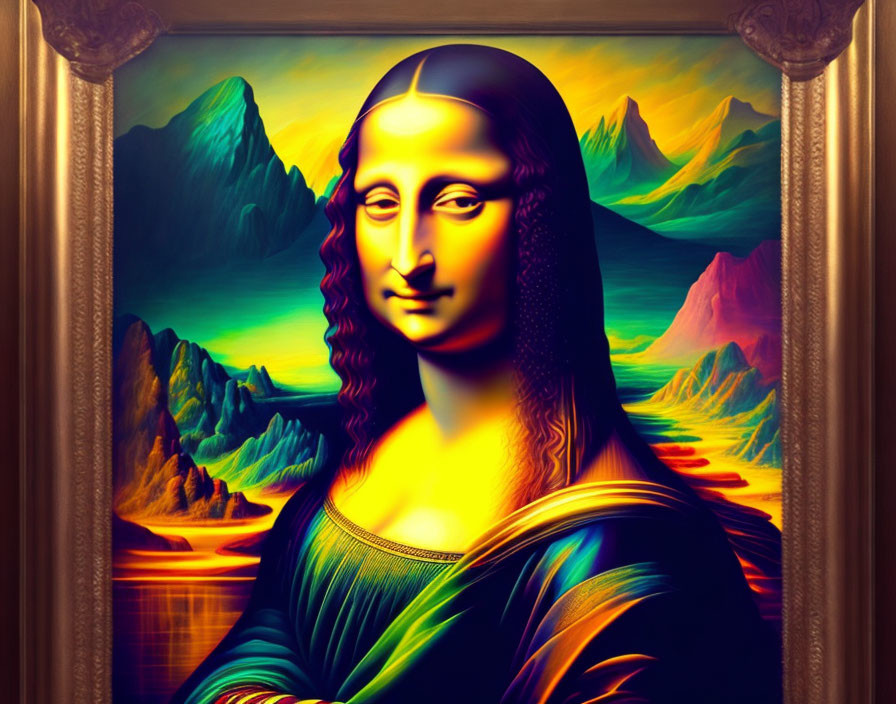 Colorful Stylized Mona Lisa with Mountain Landscape in Gold Frame