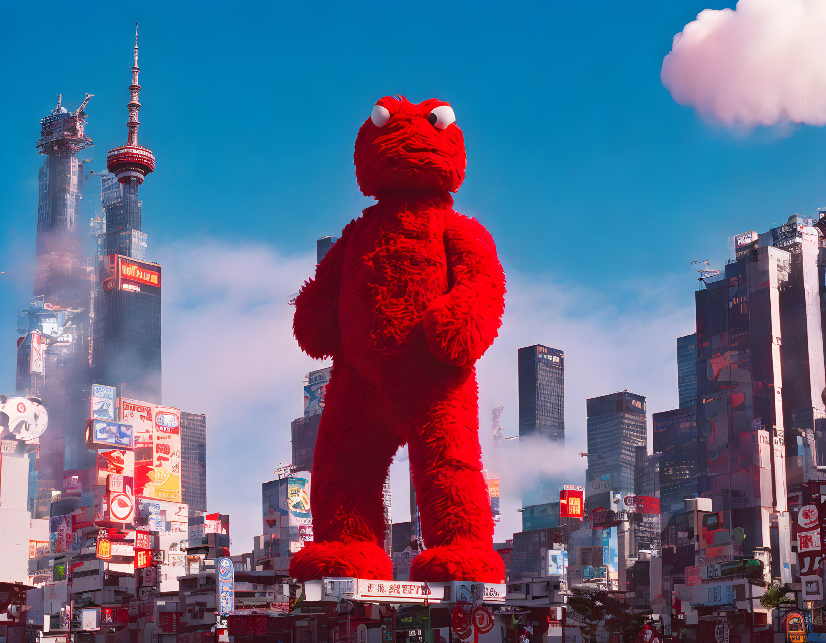 Giant red furry character in cityscape with skyscrapers