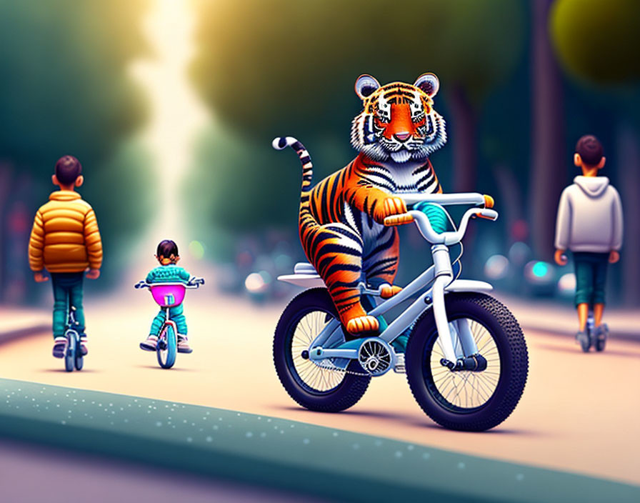 Digital artwork: Tiger on bicycle with human posture, people in background.