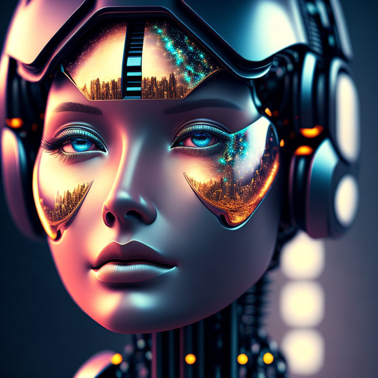 Futuristic female android with reflective face and cosmic scenery in visor