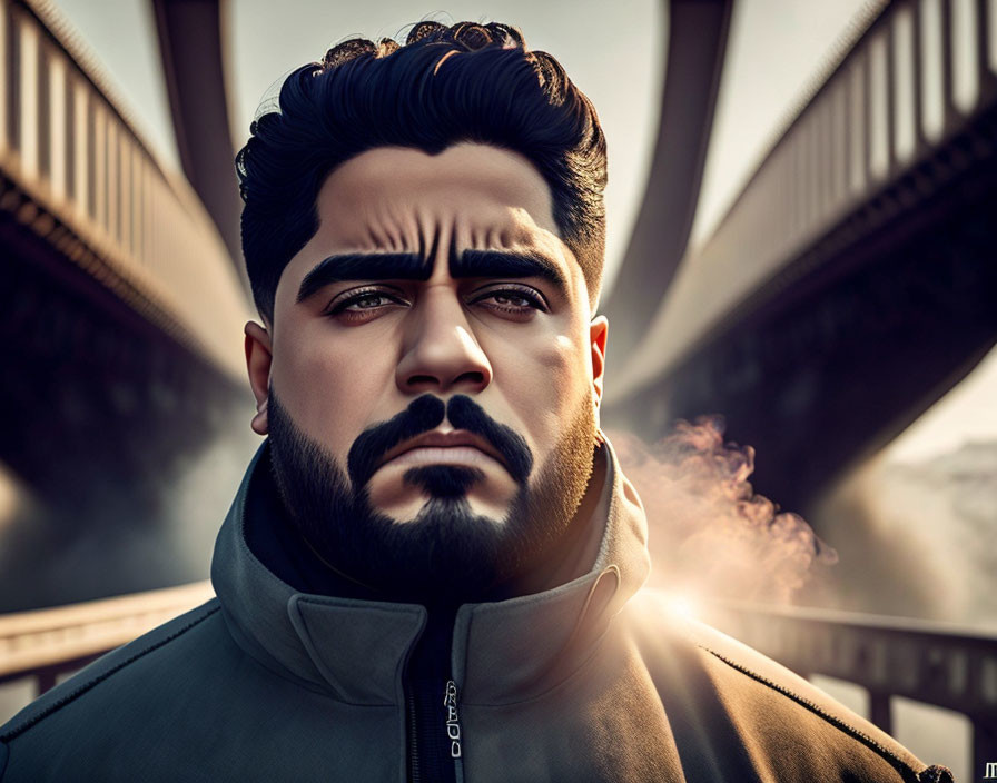 Stylized digital art: man with beard and modern haircut exhaling smoke near a bridge