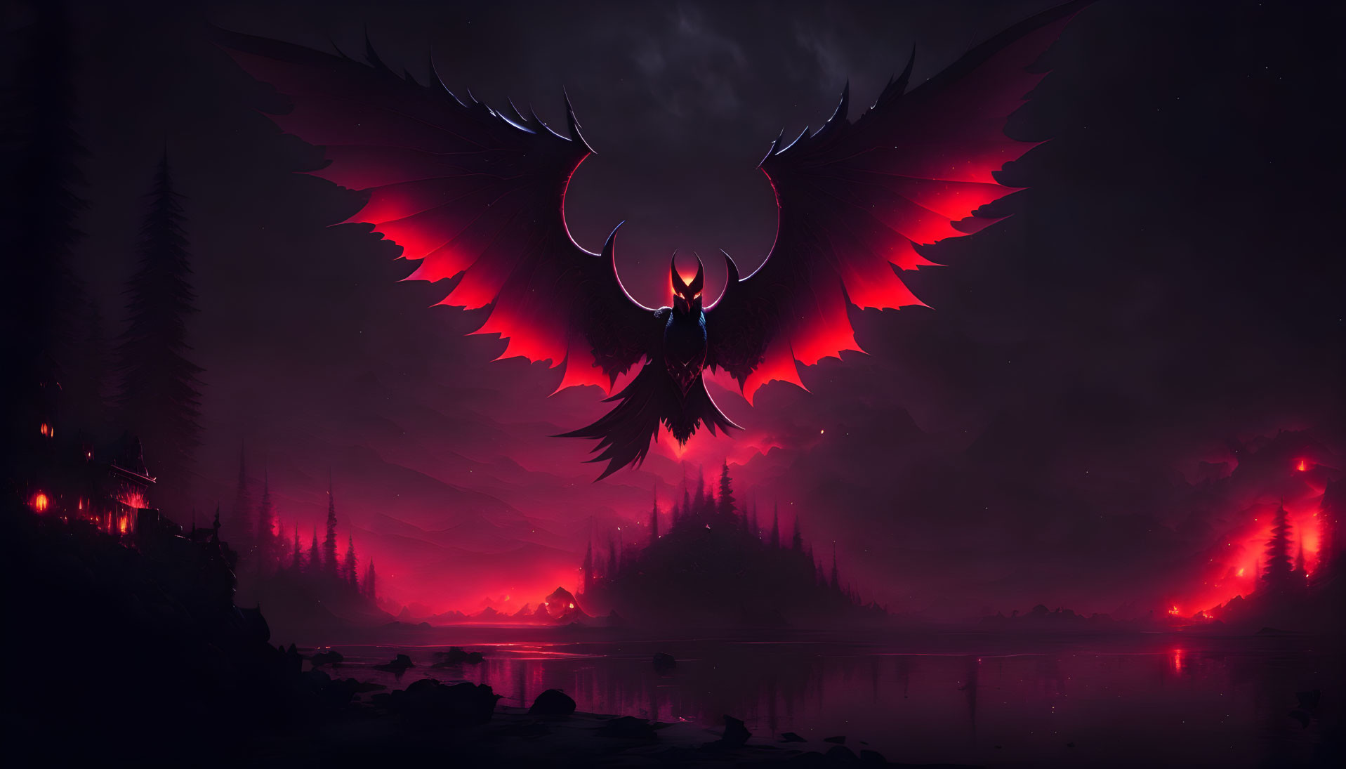 Majestic red and black winged creature flying over mystical forest landscape