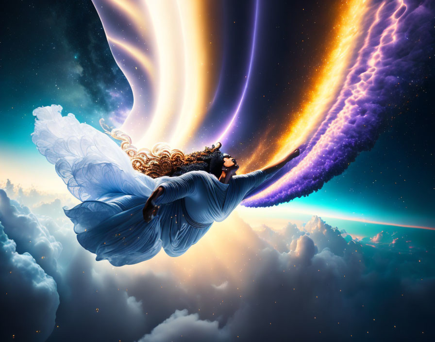 Winged woman in flowing dress soars in colorful sky