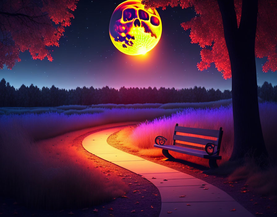 Glowing fantasy moon over winding path with red trees and park bench