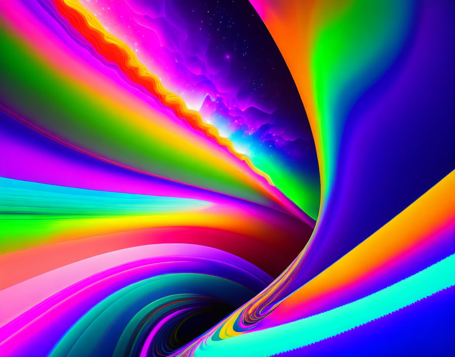 Colorful digital abstract art with neon rainbow swirls and starry sky theme.