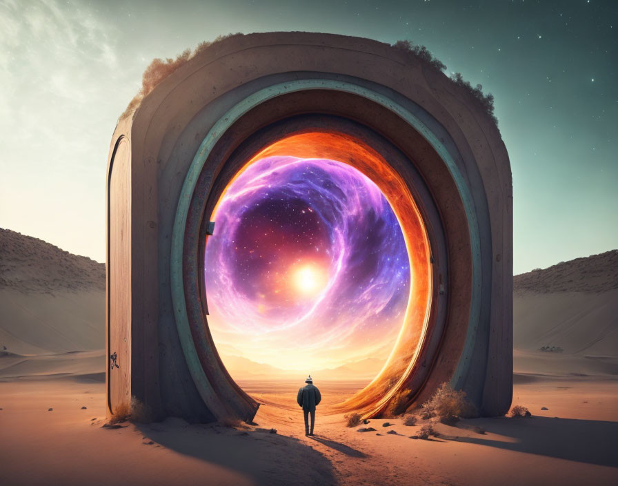 Person gazes at circular portal in desert galaxy view