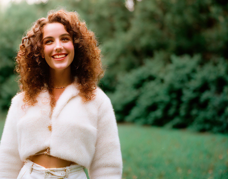 Curly-haired woman in white fluffy jacket and gold necklace in park setting