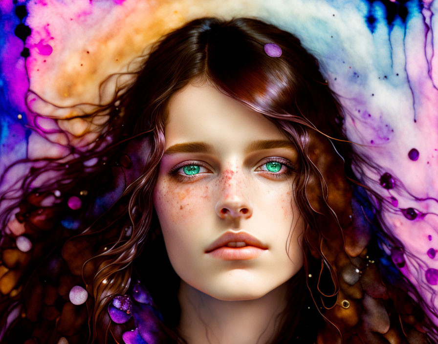 Vibrant Watercolor Digital Portrait with Realism and Abstract Art