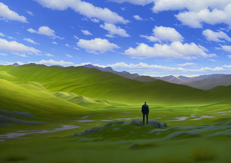 Person standing amidst rolling green hills under blue sky.