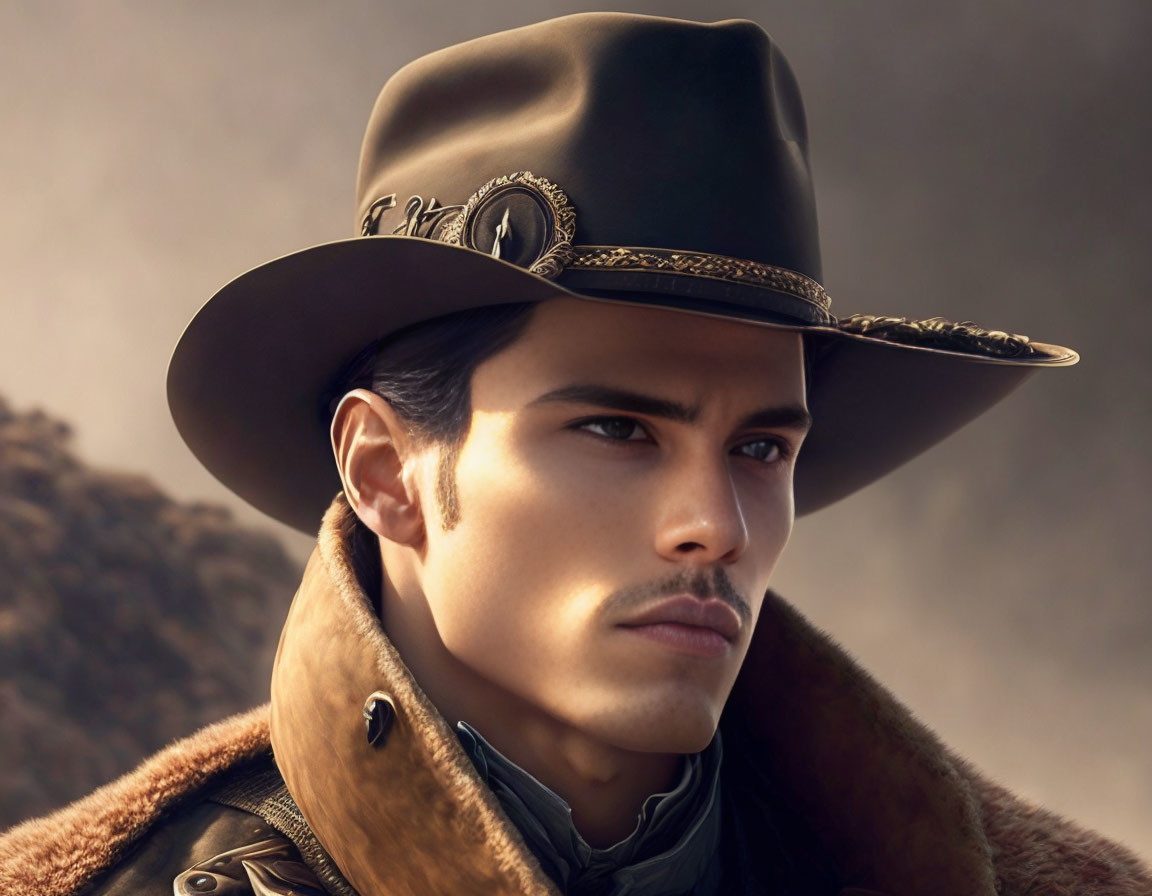 Man with mustache in cowboy hat and leather jacket against blurred background