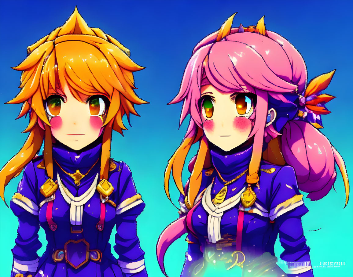 Anime-style characters with orange and pink hair in blue and gold outfits on blue background