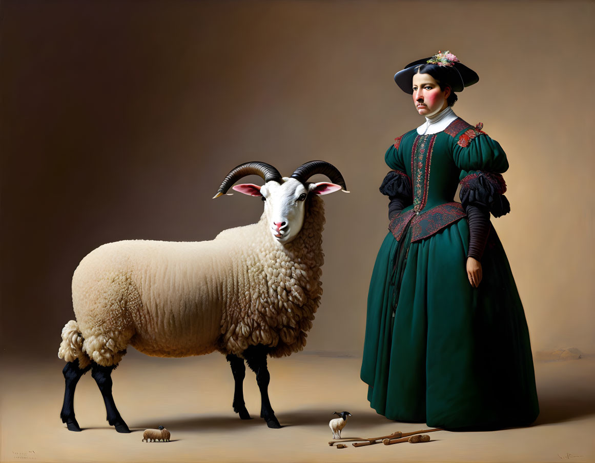 19th-Century Woman with Sheep on Beige Background