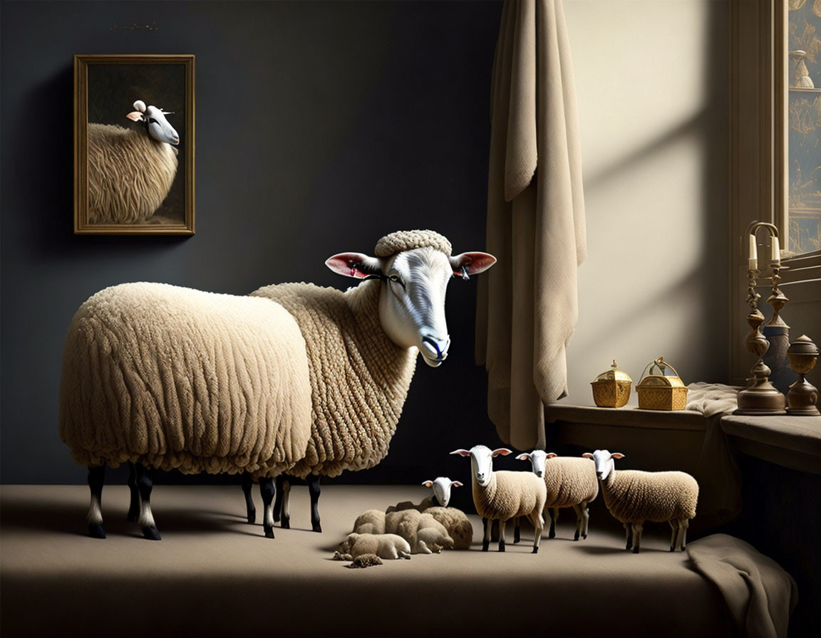 Sheep and Lambs in Elegant Room with Painting