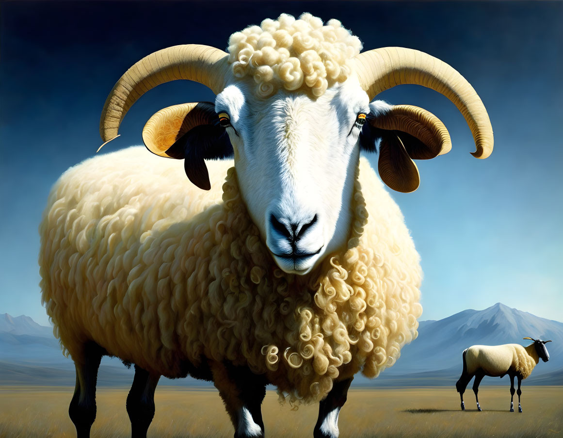 Detailed Illustration of Curly-Fleeced Ram with Prominent Horns in Field