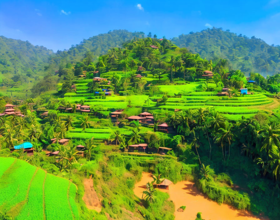 Scenic green terraced rice fields with huts on hillside