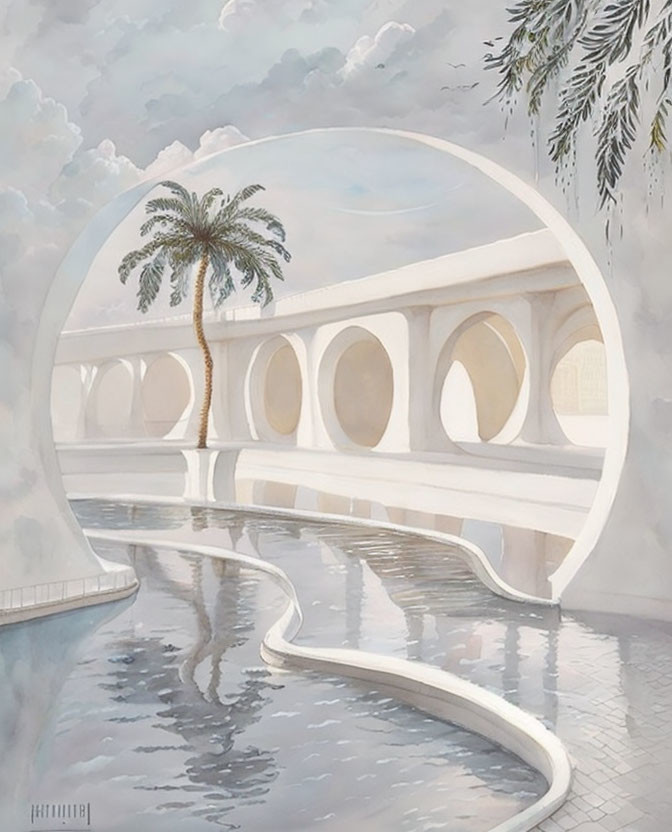 Surreal artwork: aqueduct, palm tree, circular frames, cloudy sky