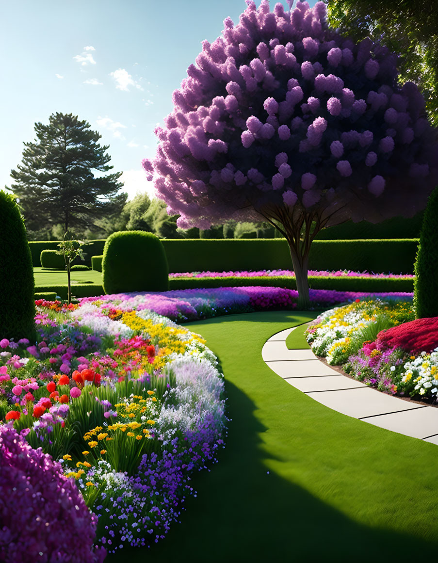 Lush garden with winding pathway, colorful flower beds, and purple tree