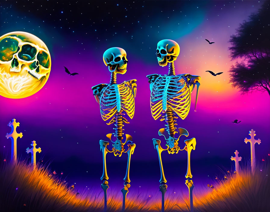 Neon skeletons in colorful landscape with moon and birds