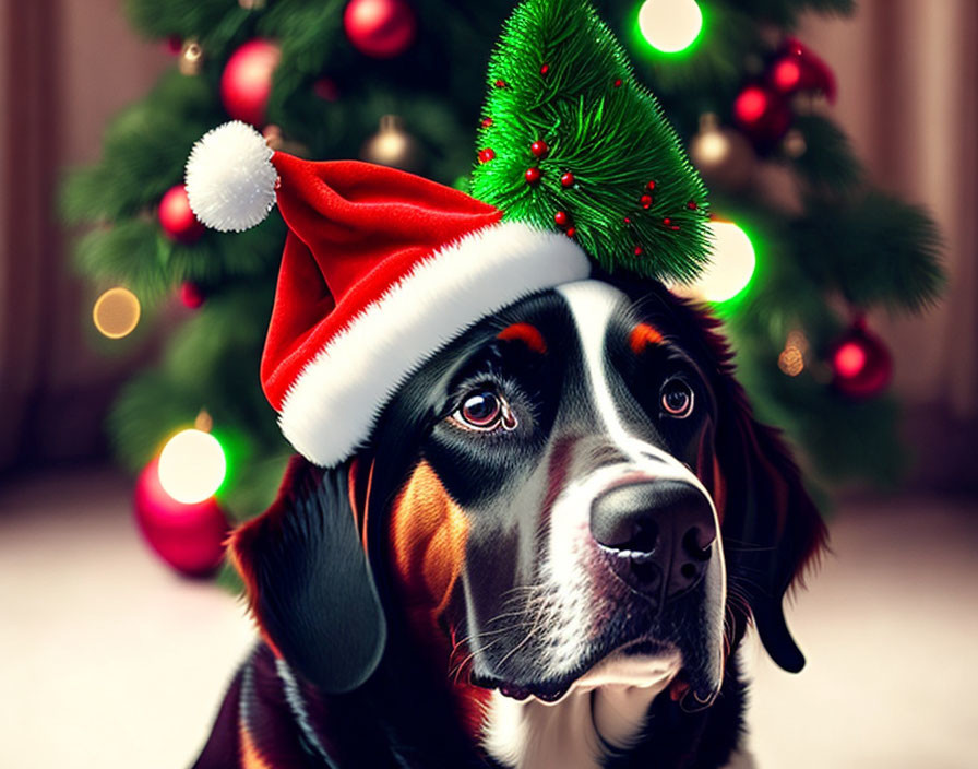 Festive dog with Santa hat by Christmas tree