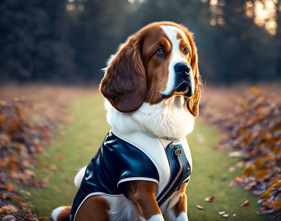 Brown and White Dog in Stylish Jacket Among Fallen Leaves