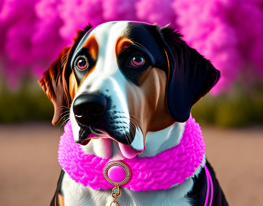 Vibrant dog portrait with colorful eyes and pink collar amid purple flowers