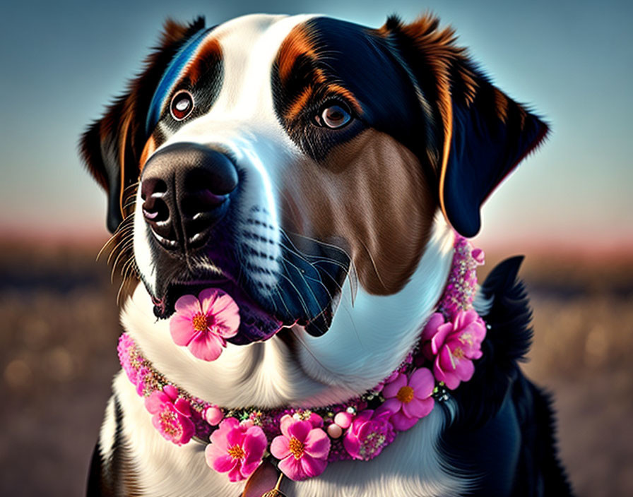 Vibrant dog illustration with glossy coat and floral necklace at sunset