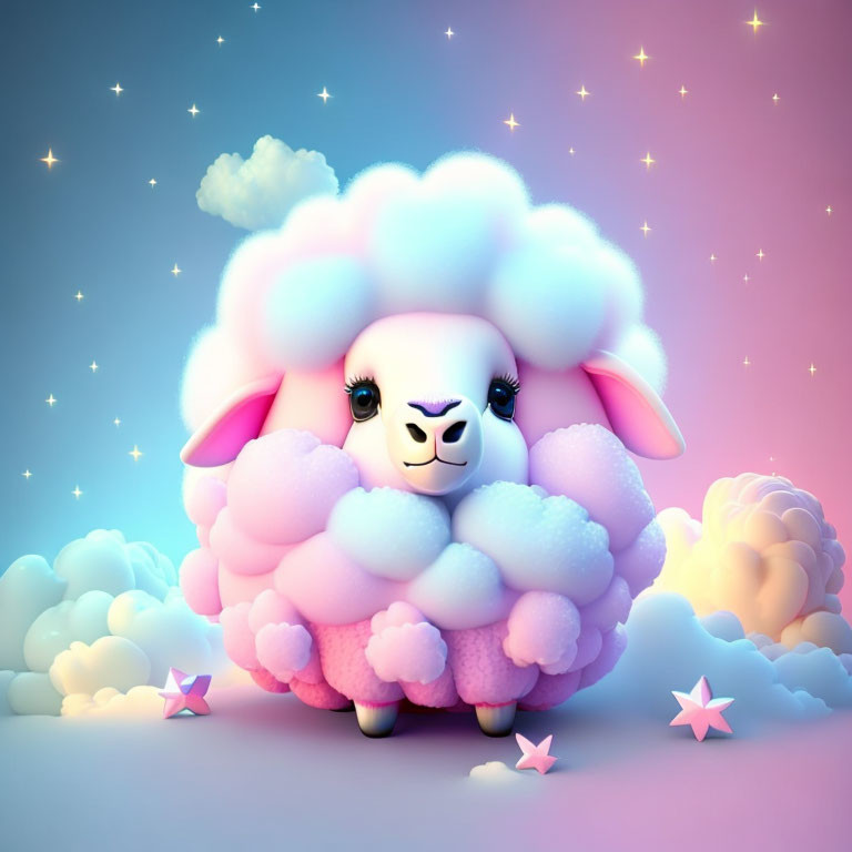 Stylized cartoon sheep with pink fluffy wool in dreamy sky