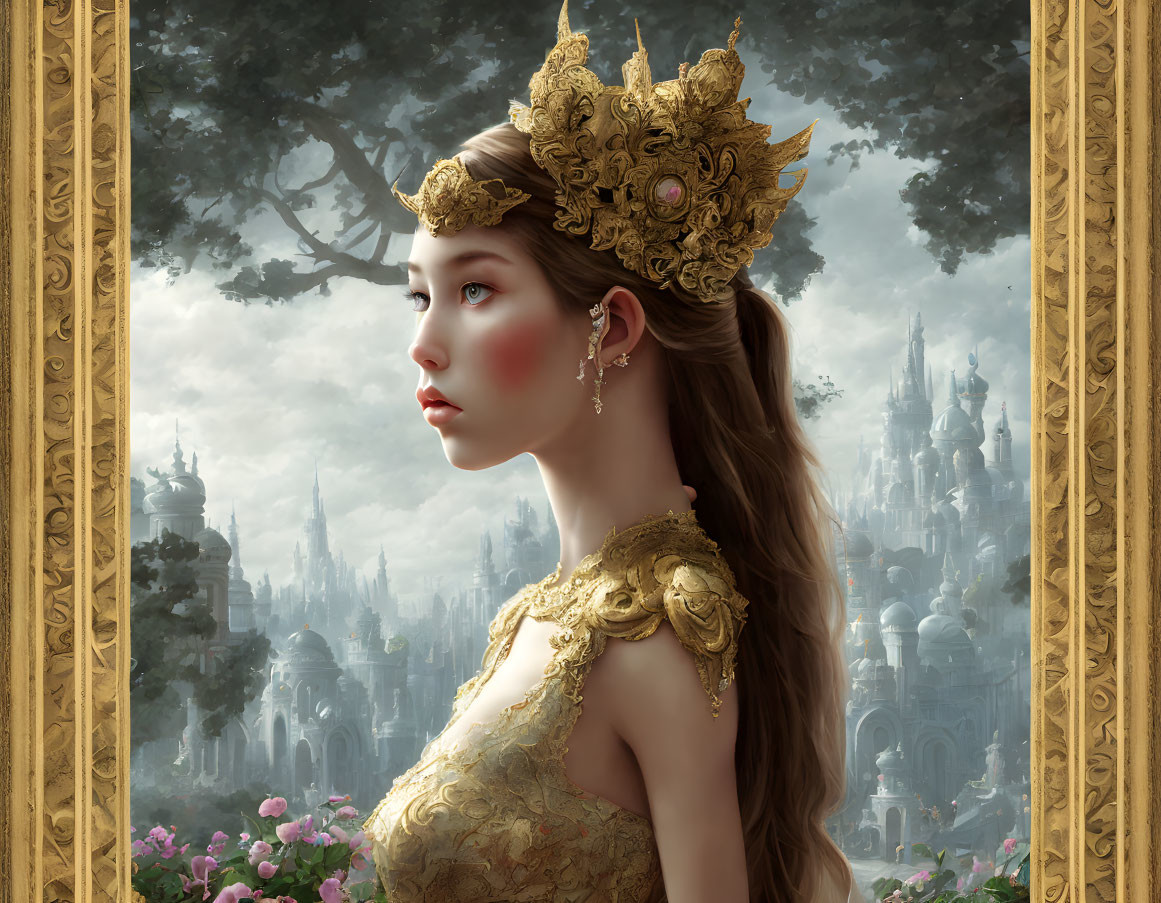 Regal woman in golden attire by fantasy castle backdrop