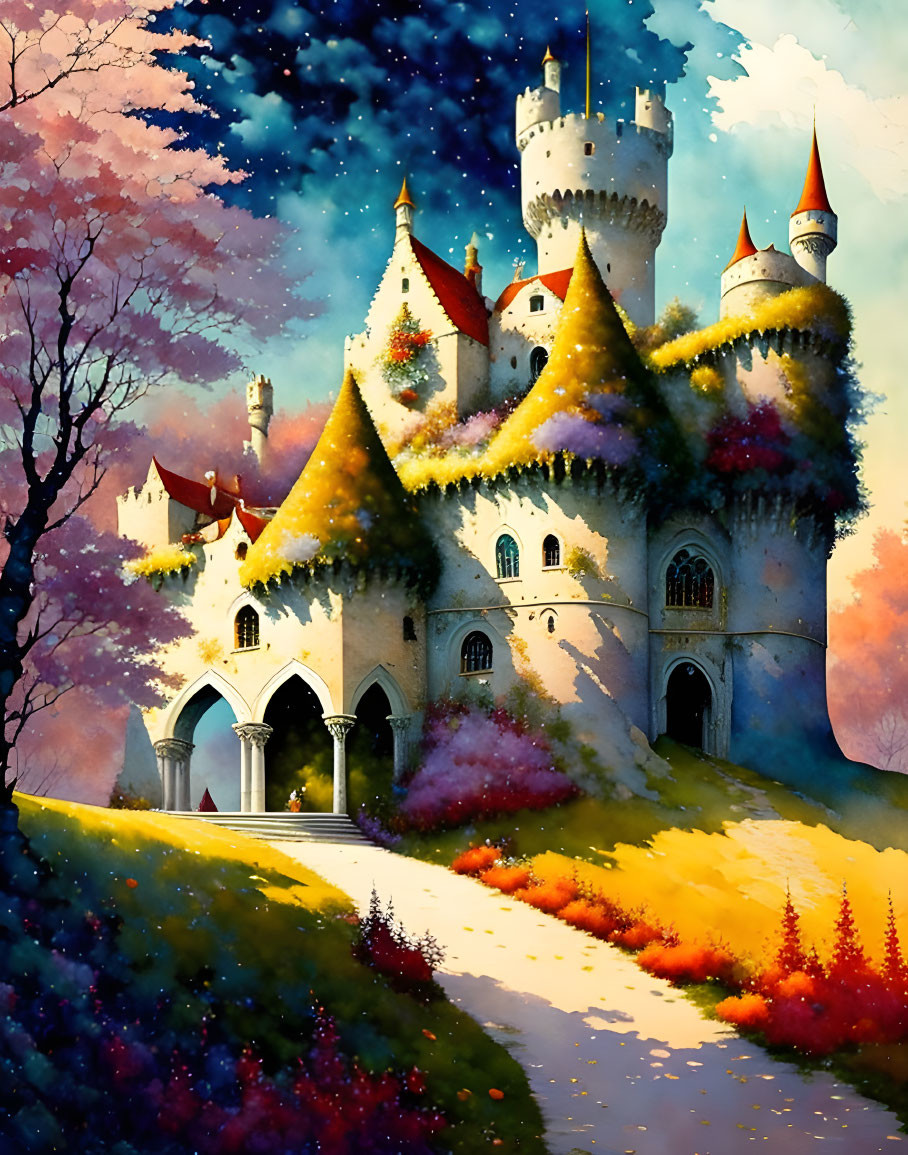 Colorful illustration of enchanting castle in fantastical landscape