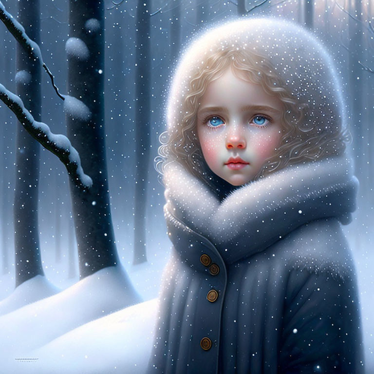 Young girl with blue eyes and curly hair in snowy forest with gray coat.