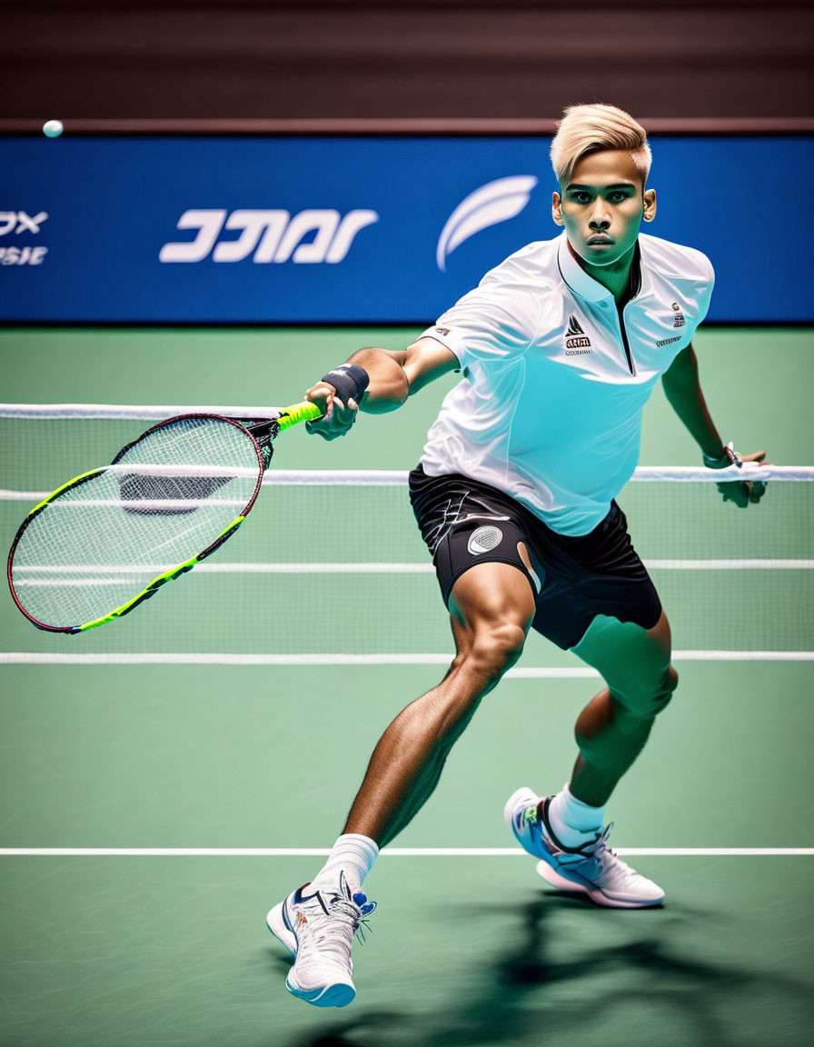 Tennis player in aqua and white sportswear with racket on green court