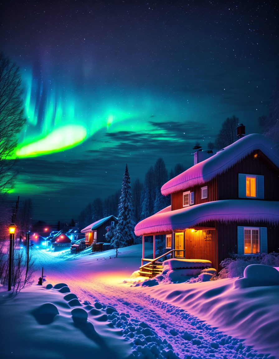 Aurora Borealis shining over snow-covered village