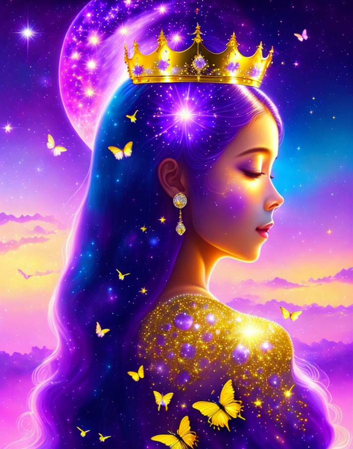 Digital illustration of serene woman with golden crown and butterflies in cosmic starry setting