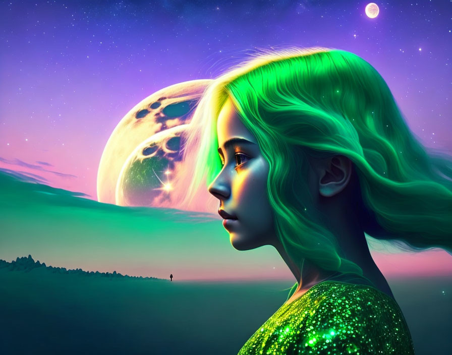 Surreal digital art: woman with green hair and moon in dusk sky