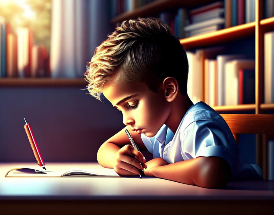 Young boy writing surrounded by books under warm lighting