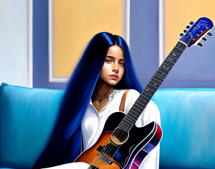 Woman with Blue Hair and Acoustic Guitar in Blue Setting