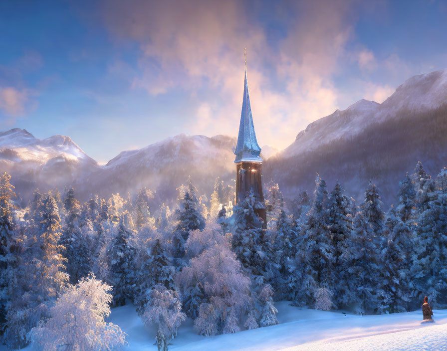 Snowy Sunrise Scene: Church Spire, Frost-covered Trees, Golden-lit Mountains