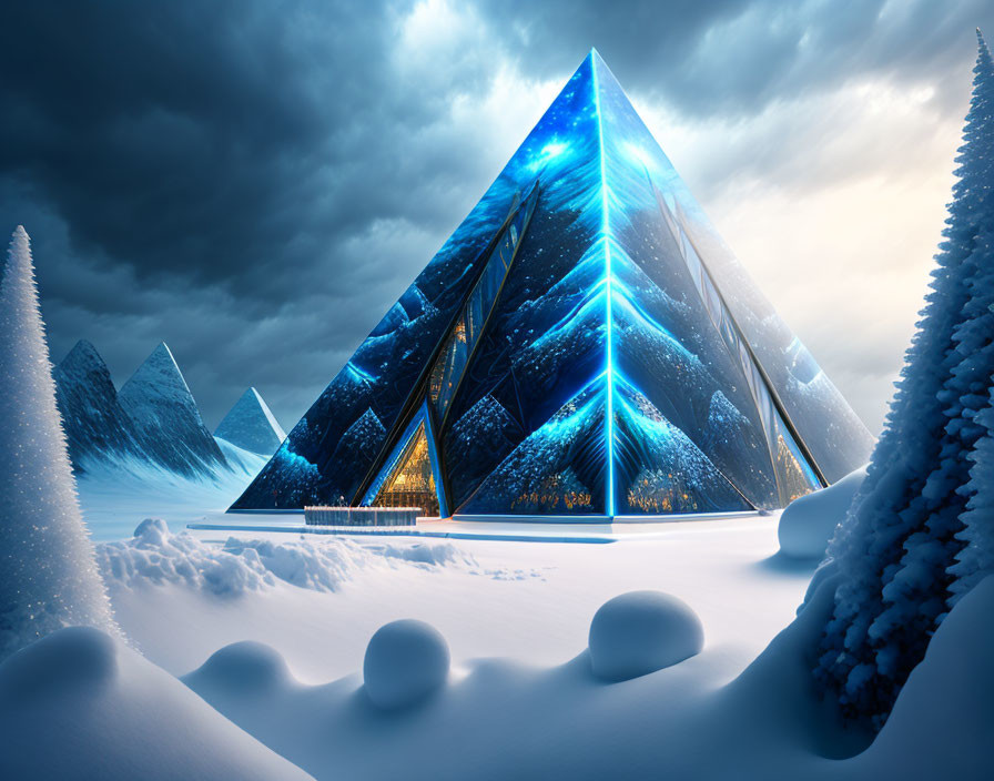 Futuristic illuminated pyramid in snowy landscape