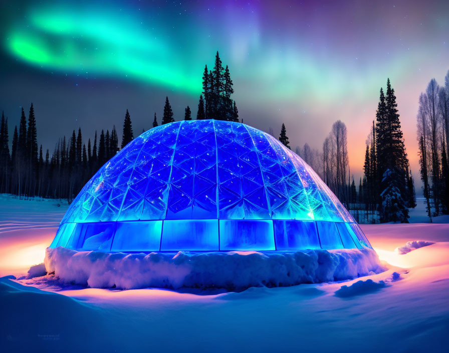 Snowy Landscape: Geodesic Dome & Aurora Borealis